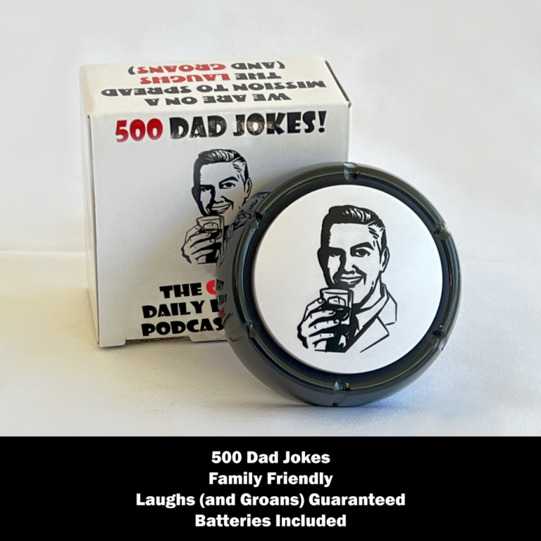 The Official Daily Dad Jokes Podcast Button in its packaging